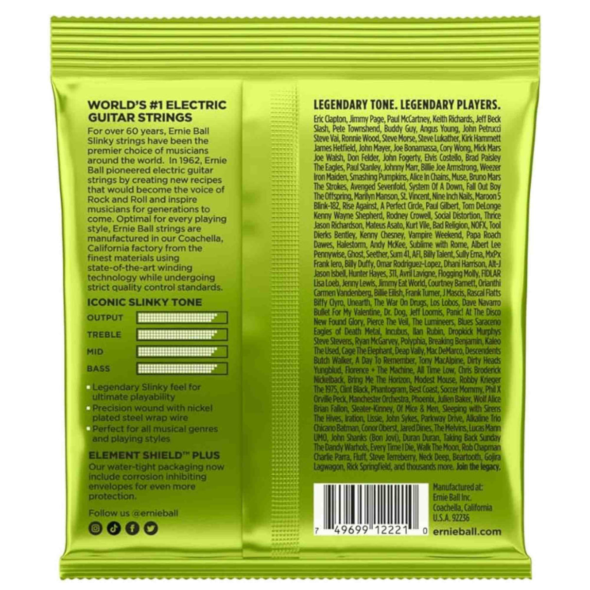 The image shows the back of a bright green Ernie Ball Slinky electric guitar strings package. It highlights the "World’s #1 Electric Guitar Strings" with 60+ years of heritage, made in Coachella, CA. Features include nickel-plated steel wrap wire, "Element Shield Plus" corrosion protection, and a frequency response chart. The package also lists famous users like Eric Clapton and Jimmy Page, along with a barcode and social media info.