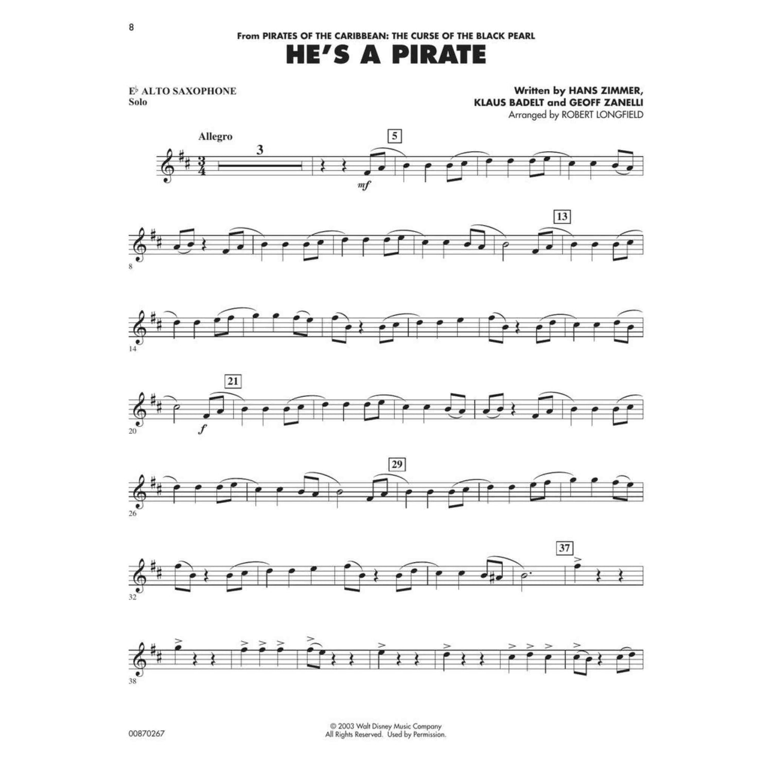 Sheet music for E-flat Alto Saxophone with musical notation and title 'He's a Pirate' from 'Pirates of the Caribbean'.