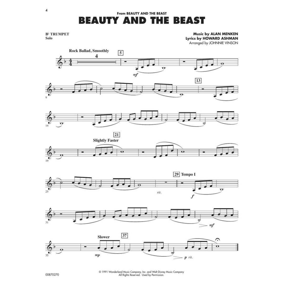 print music for the song Beauty and the Beast for trumpet. 