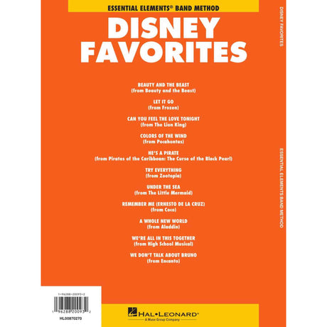 Book cover of 'Disney Favorites' by Hal Leonard with a list of Disney songs on an orange background.