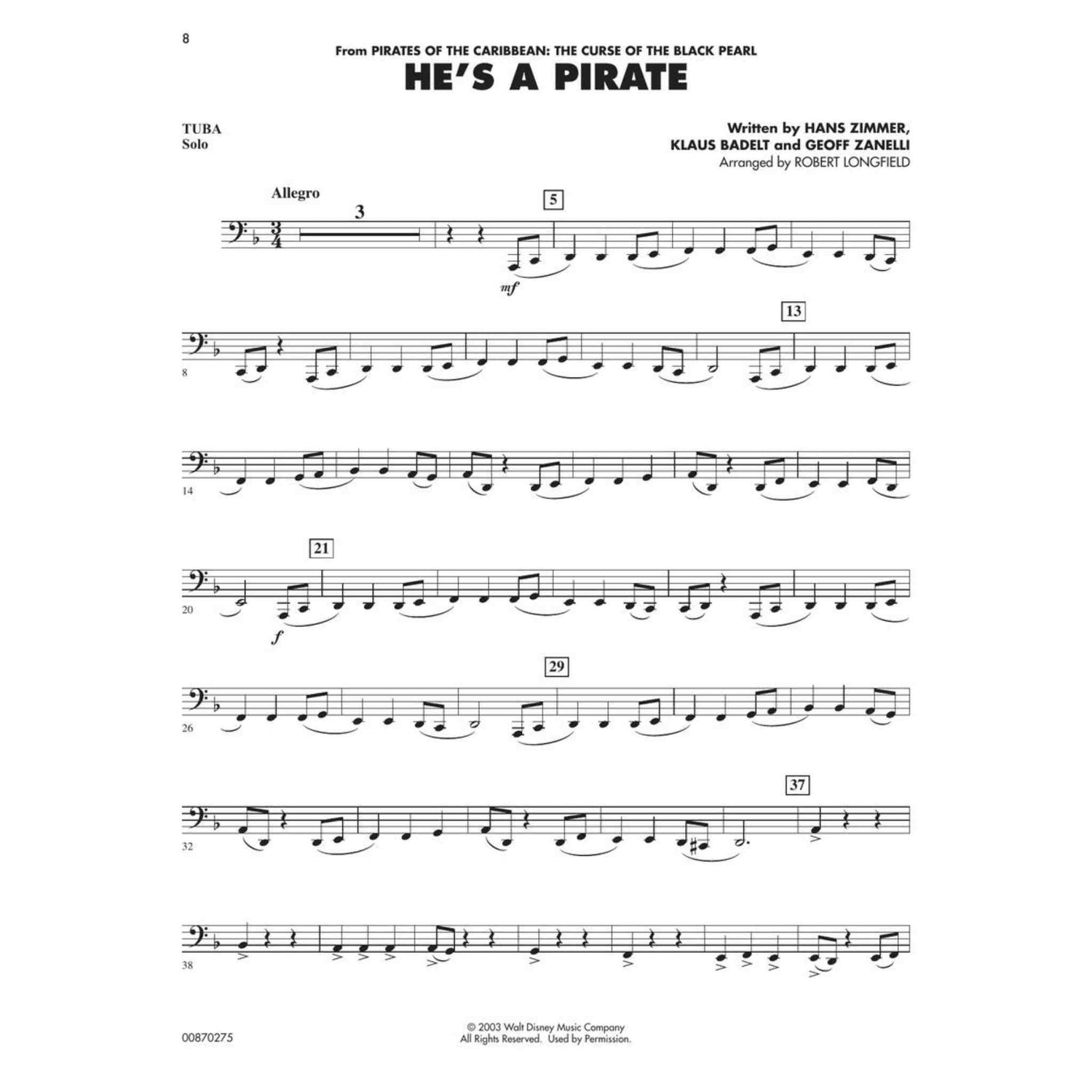 Sheet music for 'He's a Pirate' from 'Pirates of the Caribbean: The Curse of the Black Pearl' for Tuba with musical notes and text.
