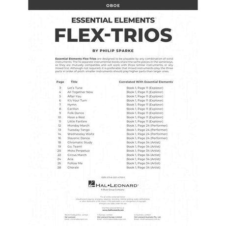 Table of Contents for the music book 'Essential Elements Flex-Trios' by Philip Sparke, featuring a list of pieces.