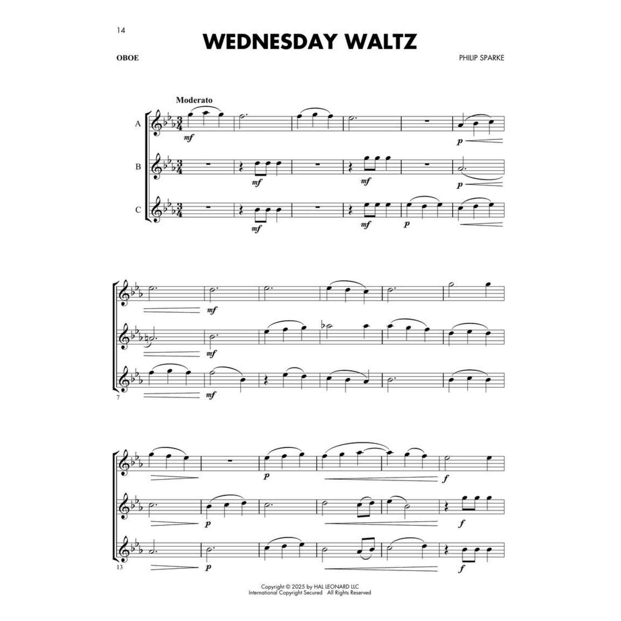 Oboe Sheet music for 'Wednesday Waltz' by Philip Sparke with musical notation on a white background.