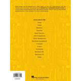 Back cover of the music book, Essential Elements Flex-Trios Obie Edition, with instrument listings on a yellow background