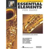Book cover of 'Essential Elements for Band' for tenor saxophone book 1 with a saxophone on a yellow background