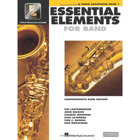 Book cover of 'Essential Elements for Band' for tenor saxophone book 1 with a saxophone on a yellow background