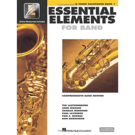Book cover of 'Essential Elements for Band' for tenor saxophone book 1 with a saxophone on a yellow background