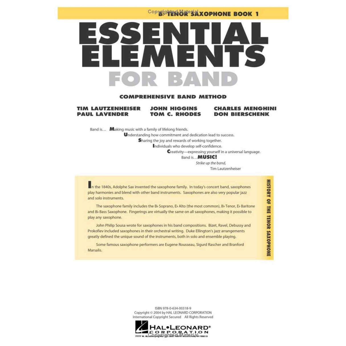 Book cover of 'Essential Elements for Band' for tenor sax on a white background