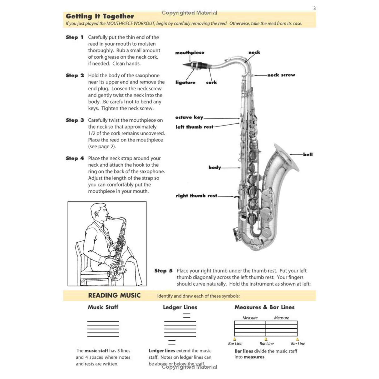 Saxophone diagram with labeled parts and assembly instructions on a white background