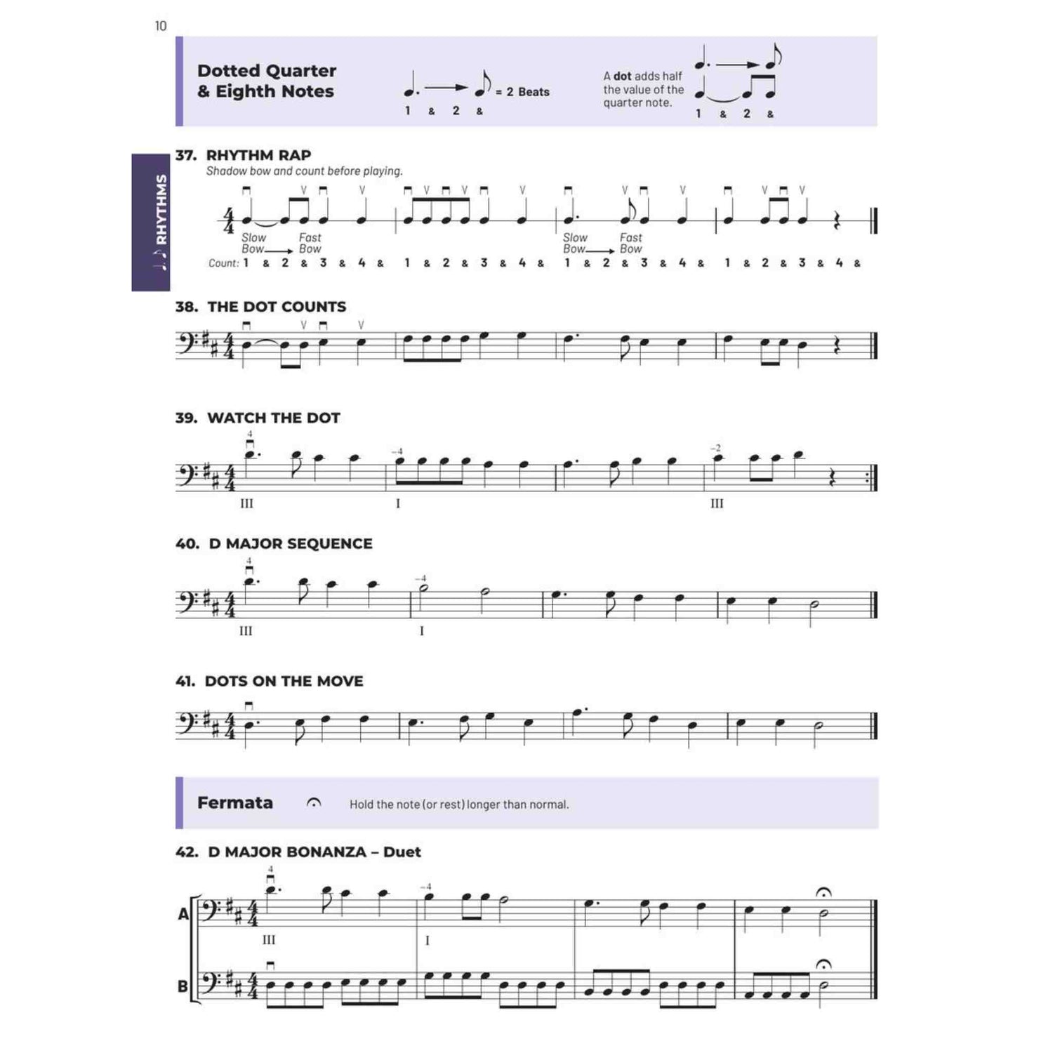 Print music for Double Bass with dotted quarter & eighth note lessons. 