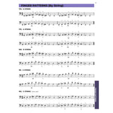 Finger Patterns by string for double bass on a white background.