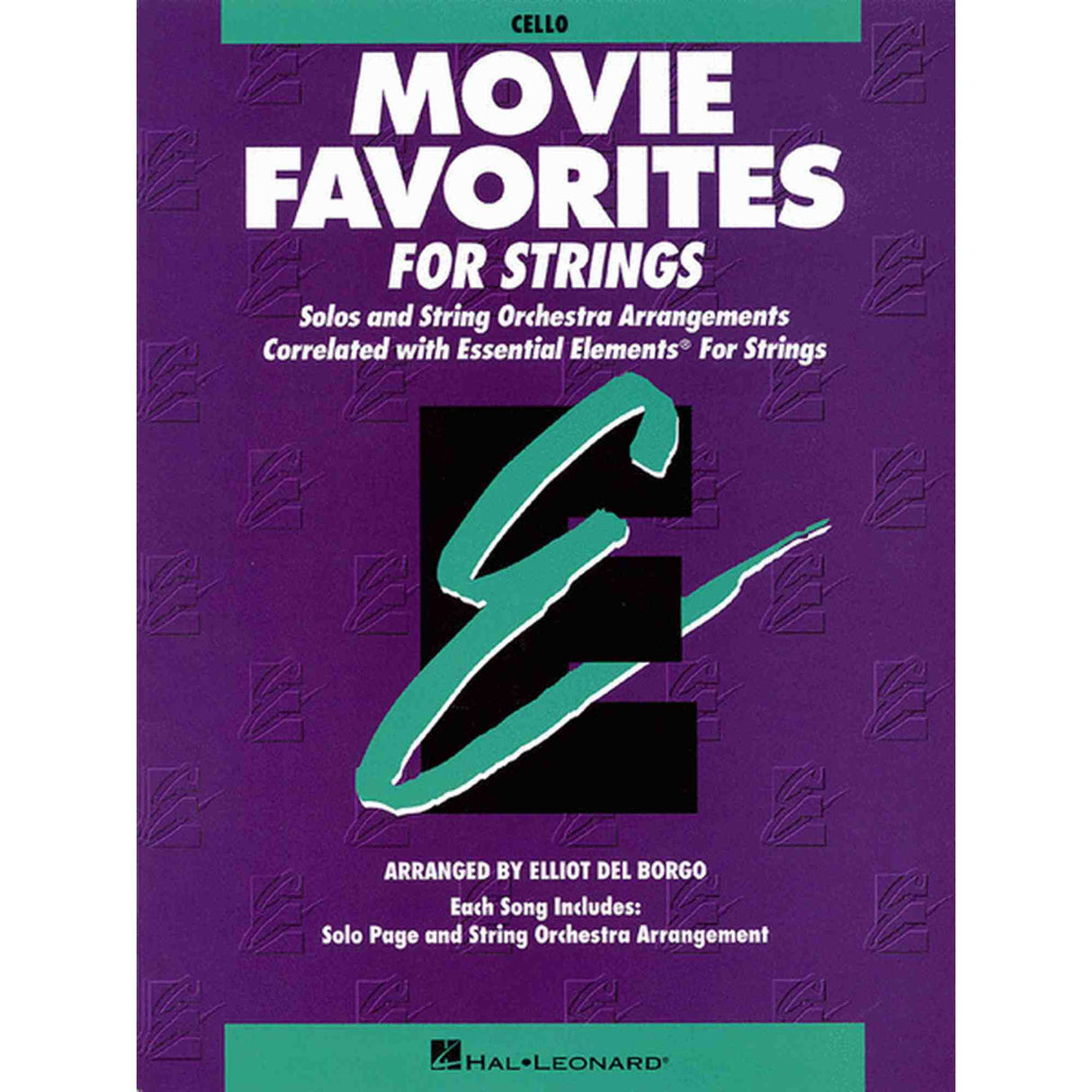 Music book cover for 'Movie Favorites for Strings Cello Edition' by Hal Leonard on a purple background