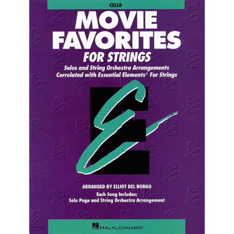 Music book cover for 'Movie Favorites for Strings Cello Edition' by Hal Leonard on a purple background