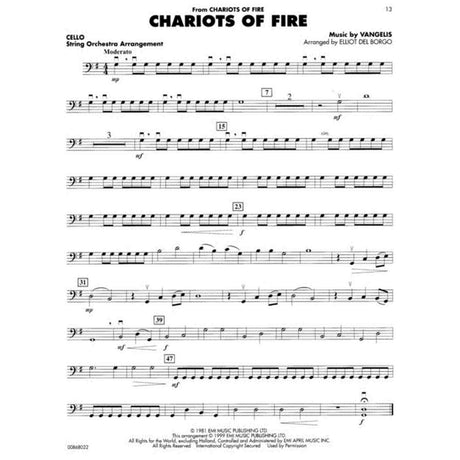 Sheet music for 'Chariots of Fire' by Vangelis with cello part on a white background