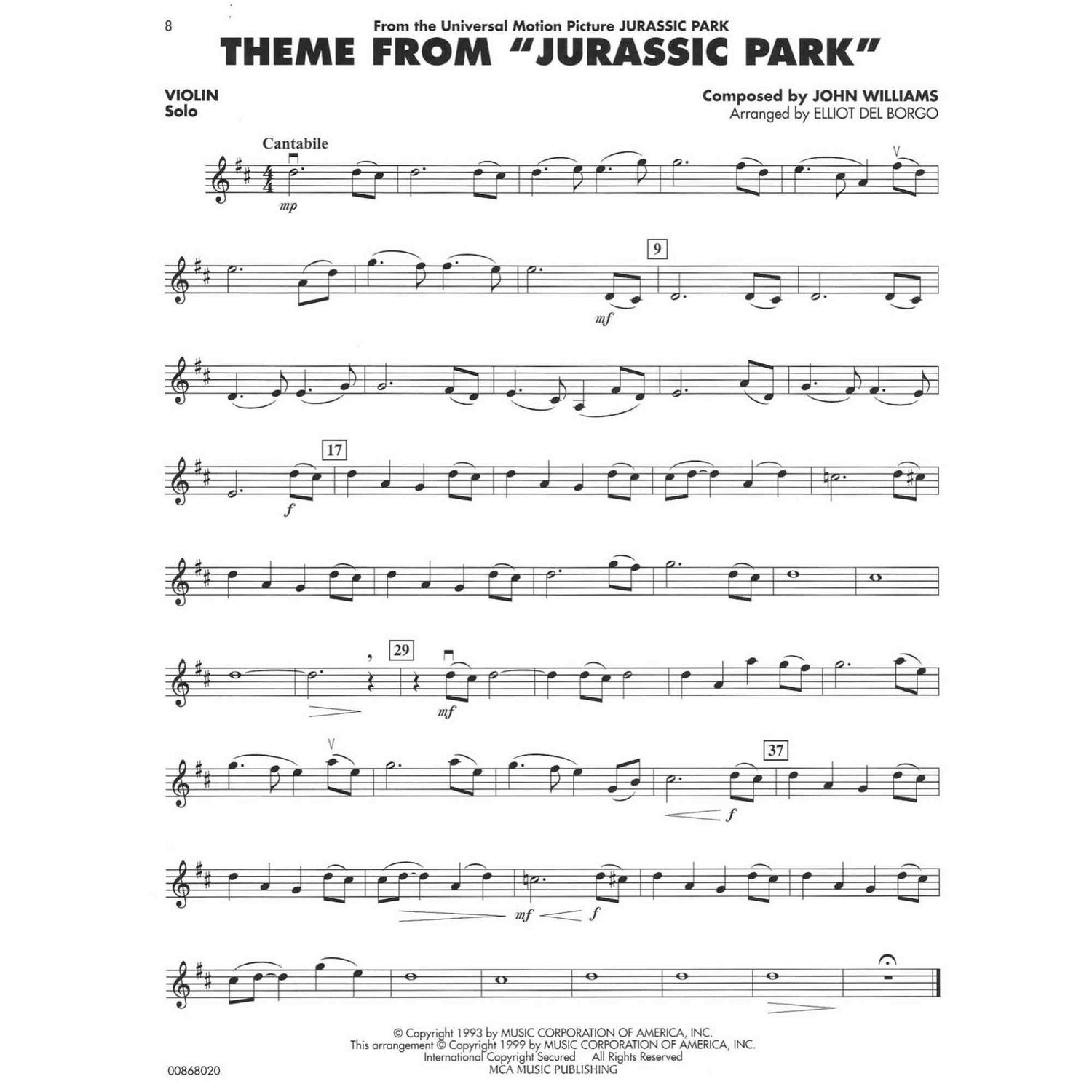 Print music for 'Theme from Jurassic Park' by John Williams, arranged for Cello.