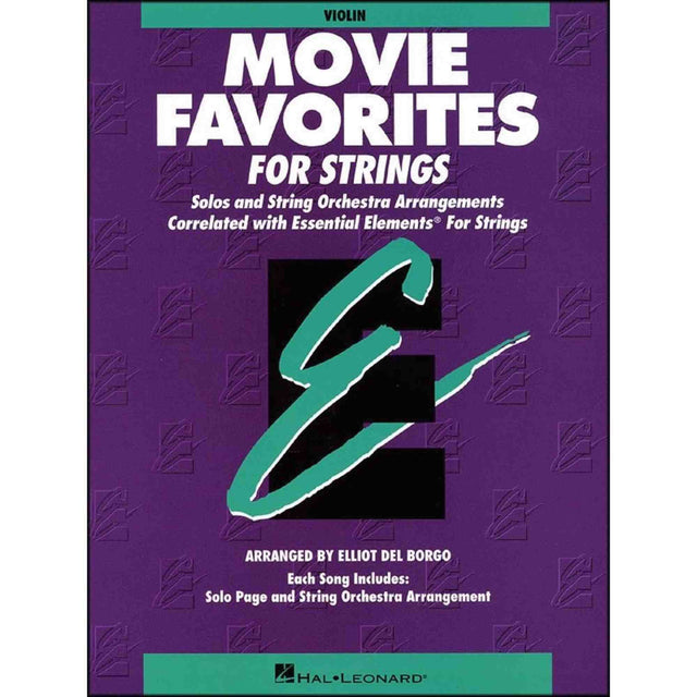 Music book cover for 'Movie Favorites for Strings Violin' by Hal Leonard on a purple background