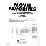 Table of contents for the music book 'Movie Favorites for violin' with arrangement details and Hal Leonard logo.