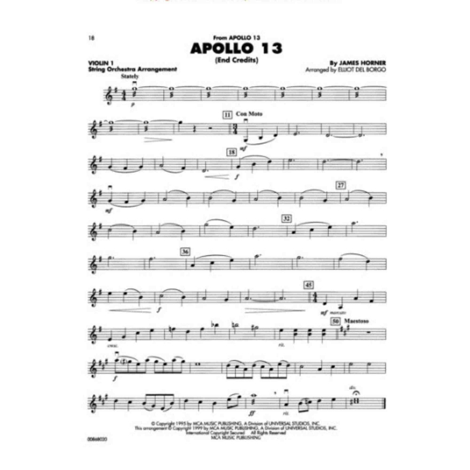 Sheet music for 'Apollo 13' by James Horner, arranged for violin with string orchestra accompaniment.