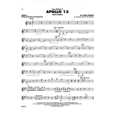 Sheet music for 'Apollo 13' by James Horner, arranged for violin with string orchestra accompaniment.