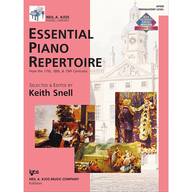 The image shows the "Essential Piano Repertoire" preparatory level method book (GP450) from the Neil A. Kjos Piano Library, selected and edited by Keith Snell. It features classical piano pieces from the 17th to 19th centuries for beginning students. The coral/pink cover includes classical artwork reflecting the music's eras. Published by Neil A. Kjos Music Company, it serves as an educational resource for early piano learners.