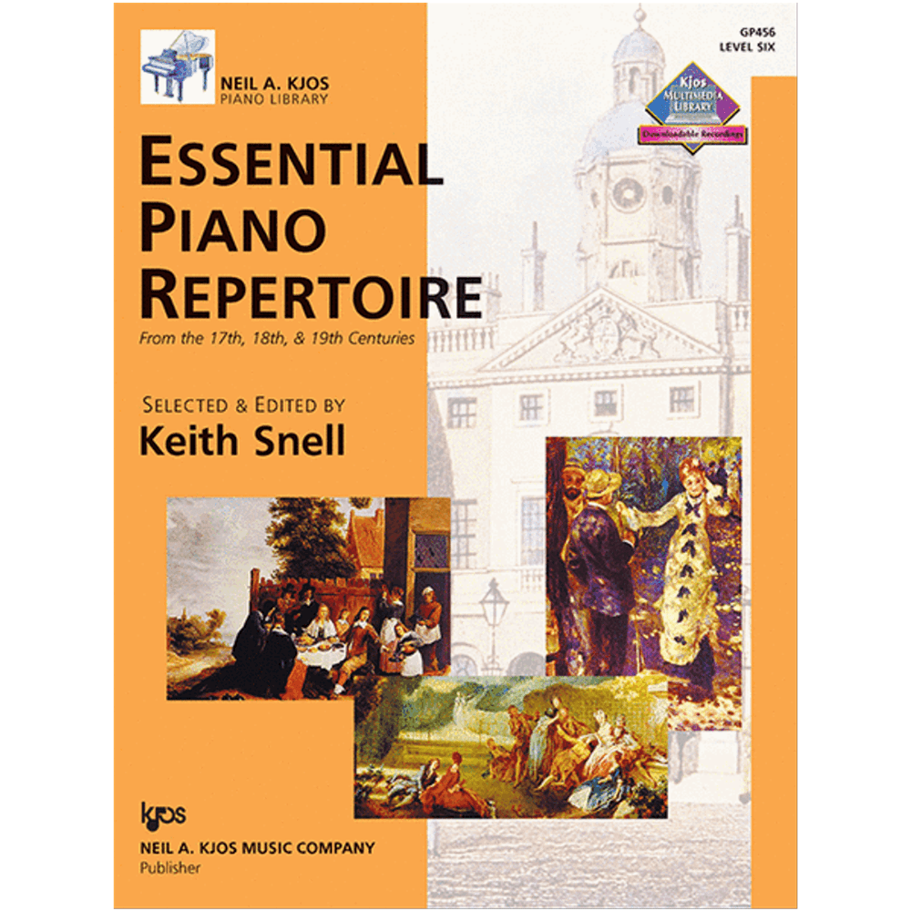 The image shows a piano music book from the Neil A. Kjos Piano Library titled "Essential Piano Repertoire," featuring 17th-19th century music selected and edited by Keith Snell. The cover has an orange/yellow left side with title and publisher info, and classical artwork on the right depicting Baroque, Classical, and Romantic era scenes. It includes a "Kjos Multimedia Library" logo for Level Six with downloadable recordings.