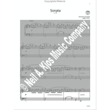 The image shows a page of sheet music for Domenico Scarlatti’s Sonata L. 79, featuring piano notation with treble and bass clefs, an "Allegro" tempo marking, notes, rests, slurs, dynamics ("f" and "p"), measure numbers, rehearsal letters, and a Track 1 label. It includes a "Neil A. Kjos Music Company" watermark and a "Copyrighted Material" notice, likely from a published piano instruction or performance collection.
