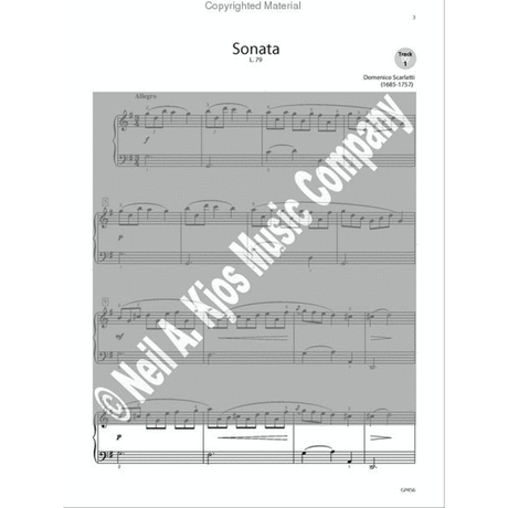 The image shows a page of sheet music for Domenico Scarlatti’s Sonata L. 79, featuring piano notation with treble and bass clefs, an "Allegro" tempo marking, notes, rests, slurs, dynamics ("f" and "p"), measure numbers, rehearsal letters, and a Track 1 label. It includes a "Neil A. Kjos Music Company" watermark and a "Copyrighted Material" notice, likely from a published piano instruction or performance collection.