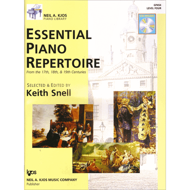 The image shows a piano method book titled "Essential Piano Repertoire" from Neil A. Kjos Music Company, Level Four (GP454), selected and edited by Keith Snell. The cover features a yellow background with classical artwork of 17th-19th century scenes, faded musical notation, and a piano logo. The book focuses on intermediate classical piano pieces and includes a CD-ROM.