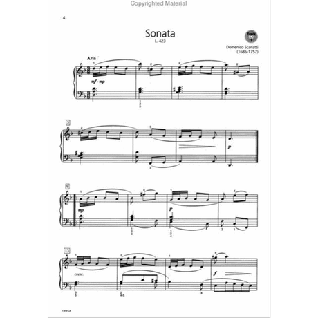 The image shows a page of classical sheet music for Domenico Scarlatti's Sonata L. 423, marked as page 4. It features the opening "Aria" section on a grand staff with treble and bass clefs, a sharp key signature, dynamic markings (mf, mp, p, f), phrasing slurs, measure numbers, fingering, and varied note values. This Baroque-era score is for piano or harpsichord performance.