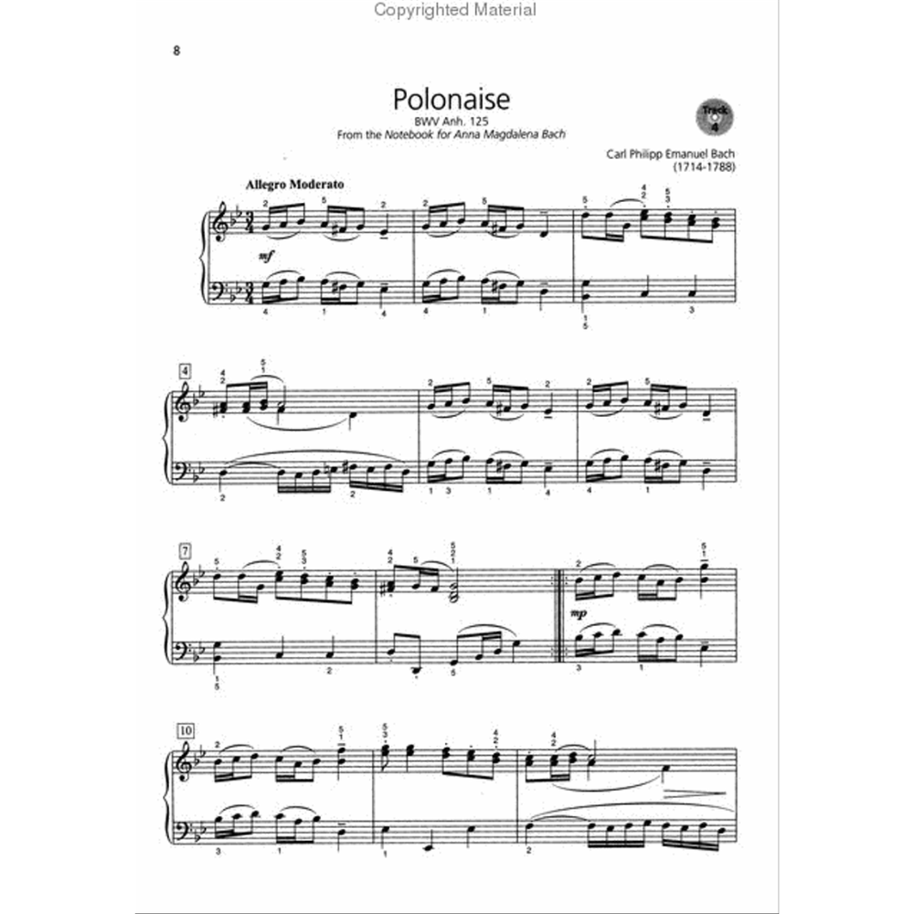 The image shows sheet music for "Polonaise" BWV Anh. 125 by Carl Philipp Emanuel Bach from the Notebook for Anna Magdalena Bach. It has an Allegro Moderato tempo, 3/4 time, B-flat major key, and piano notation with treble and bass clefs. The page includes measure numbers, dynamics (mf, mp), classical ornamentation, and reflects a Polish dance form popular in the Baroque and Classical periods.