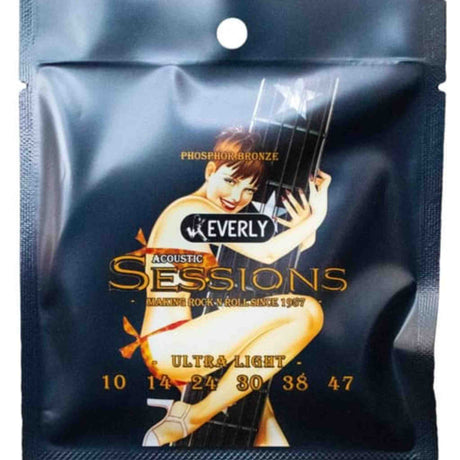 The image shows a package of Everly "Acoustic Sessions" ultra-light phosphor bronze acoustic guitar strings. The black pouch features artwork of a person playing guitar and includes string gauges 10, 14, 24, 30, 38, and 47. The packaging highlights the tagline "Making Rock-N-Roll Since 1967." These strings offer a warm tone and easy playability, ideal for beginners or players preferring lower string tension.