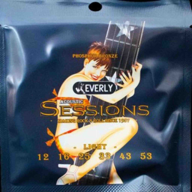 The image shows a package of Everly Sessions phosphor bronze acoustic guitar strings in a light gauge set. The set includes six strings (.012 to .053) and features artistic packaging with a person holding a guitar. These strings offer a warm tone and easy playability, ideal for strumming and fingerpicking on acoustic guitars.