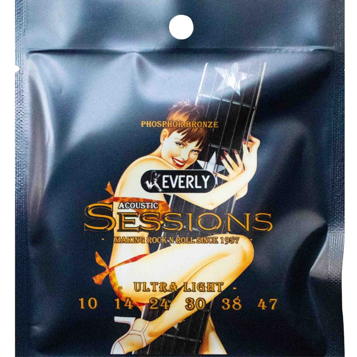 The image shows a package of Everly Sessions acoustic guitar strings made from phosphor bronze. The Ultra Light gauge set (10-47) is designed for easy playability and a bright, warm tone. The packaging features a vintage-style illustration of a woman with a guitar and the tagline "Making Rock 'N Roll Since 1957," highlighting the brand’s classic rock heritage.