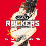 The image shows packaging for Everly Rockers electric guitar strings with a vintage red background and retro pin-up artwork of a woman holding a bass guitar. The set is light gauge (10-46) NPS (Nickel Plated Steel) strings, featuring gauges 10, 13, 17, 26, 36, and 46. The packaging includes the tagline "Making Rock N Roll Since 1957," reflecting the brand’s classic rock and rockabilly style.