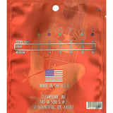 The image shows a Cleartone, Inc. guitar string package featuring a gauge chart for Extra Light (9-42), Light (10-46, highlighted), and Medium (11-48) sets. Strings are labeled with standard tuning notes (E, B, G, D, A, E) and color-coded dots. The orange/red package has a guitar silhouette, includes company info, a USA flag, a barcode, and a hanging hole for retail display.