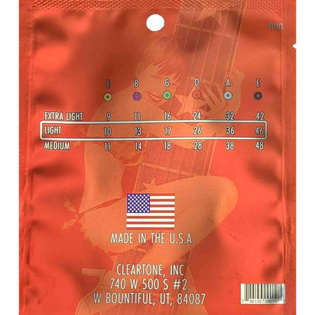 The image shows a Cleartone, Inc. guitar string package featuring a gauge chart for Extra Light (9-42), Light (10-46, highlighted), and Medium (11-48) sets. Strings are labeled with standard tuning notes (E, B, G, D, A, E) and color-coded dots. The orange/red package has a guitar silhouette, includes company info, a USA flag, a barcode, and a hanging hole for retail display.
