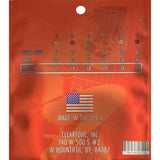The image shows the back of a guitar string package featuring a gauge chart for Extra Light, Light, and Medium sets, with Medium (11-14-18-28-38-48) selected. Strings are labeled E, B, G, D, A, E with colored dots indicating gauge in thousandths of an inch. It includes manufacturing info: Made in the USA by Cleartone, Inc, address in UT, and a barcode, all on a red/orange background.