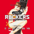 The image shows a bright red package of Everly Rockers RPS medium-gauge electric guitar strings (11-48). It features a retro pin-up illustration of a blonde woman holding an electric guitar and the Everly logo with a small guitar icon. The design has a vintage rock and roll style, with the tagline "Making Rock N Roll Since 1957."