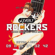The image shows a package of Everly Rockers electric guitar strings with a bright red background and a retro pin-up woman holding a guitar. It features extra light nickel-plated steel strings (gauges 09-42) and bold vintage typography. The tagline reads, "Making Rock N Roll Since 1957," evoking 1950s rock and roll style.