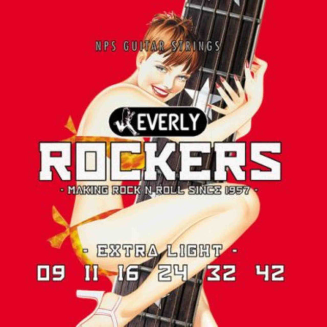 The image shows a package of Everly Rockers electric guitar strings with a bright red background and a retro pin-up woman holding a guitar. It features extra light nickel-plated steel strings (gauges 09-42) and bold vintage typography. The tagline reads, "Making Rock N Roll Since 1957," evoking 1950s rock and roll style.