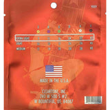The image shows the back of a Cleartone guitar string package featuring standard tuning notes (E B G D A E) with color-coded circles. It lists three gauge sets: Extra Light (9-11-16-24-32-42), Light (10-13-17-26-36-46), and Medium (11-14-18-28-38-48). The package is orange/red with a guitar silhouette and includes model number 9009, Made in USA label with flag, manufacturer info, and a barcode.
