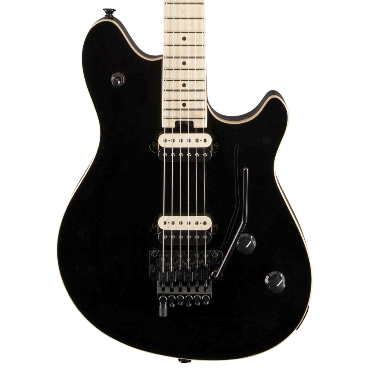 A close-up picture of the body of a black Wolfgang® Special electric guitar on a white background.