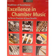 Book cover of 'Excellence in Chamber Music' for bass guitar by Bruce Pearson and Ryan Nowlin with images of musical instruments on a red background.