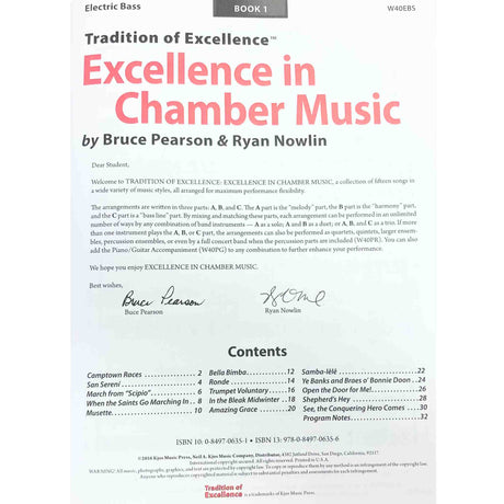 Book cover of 'Excellence in Chamber Music' by Bruce Pearson & Ryan Nowlin with text and contact information.