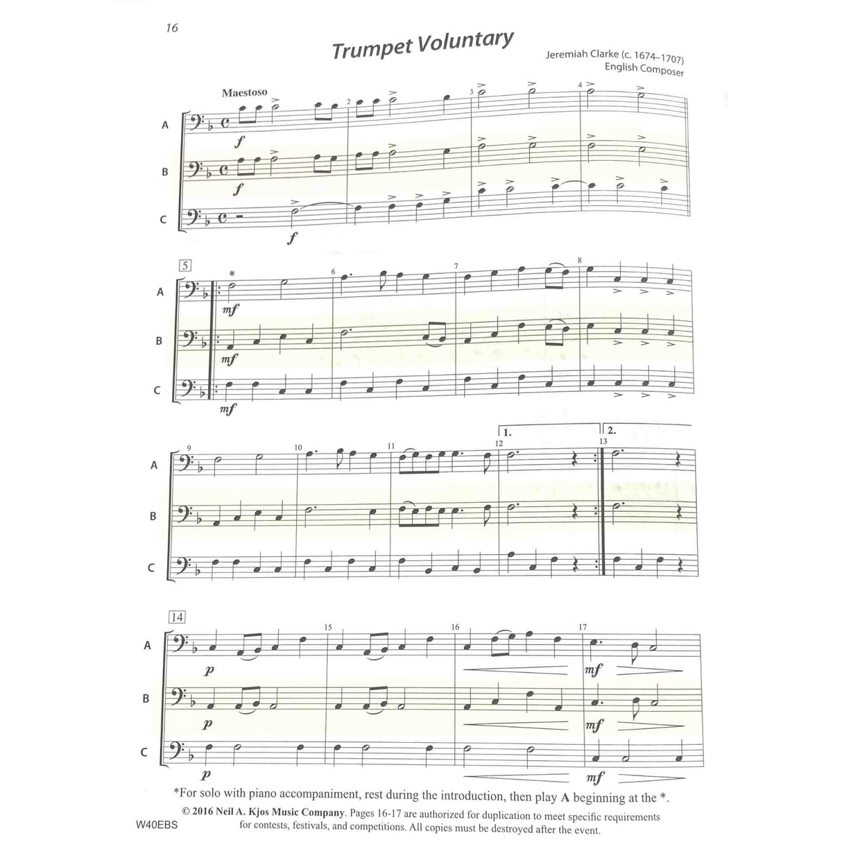 Sheet music for 'Trumpet Voluntary' by Jeremiah Clarke on a white background