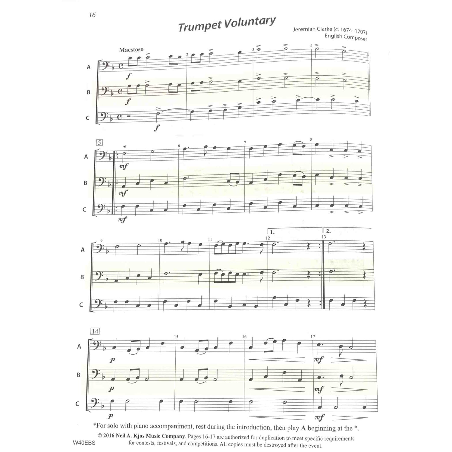 Sheet music for 'Trumpet Voluntary' by Jeremiah Clarke on a white background