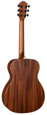The image shows the back of an acoustic guitar with a rich brown wood finish and visible grain. It features a smooth wooden neck, a classic curved body with light-colored binding, and a headstock with six black tuning pegs (three per side). The natural wood finish highlights the tonewood, suggesting a well-crafted instrument suitable for various musical styles.