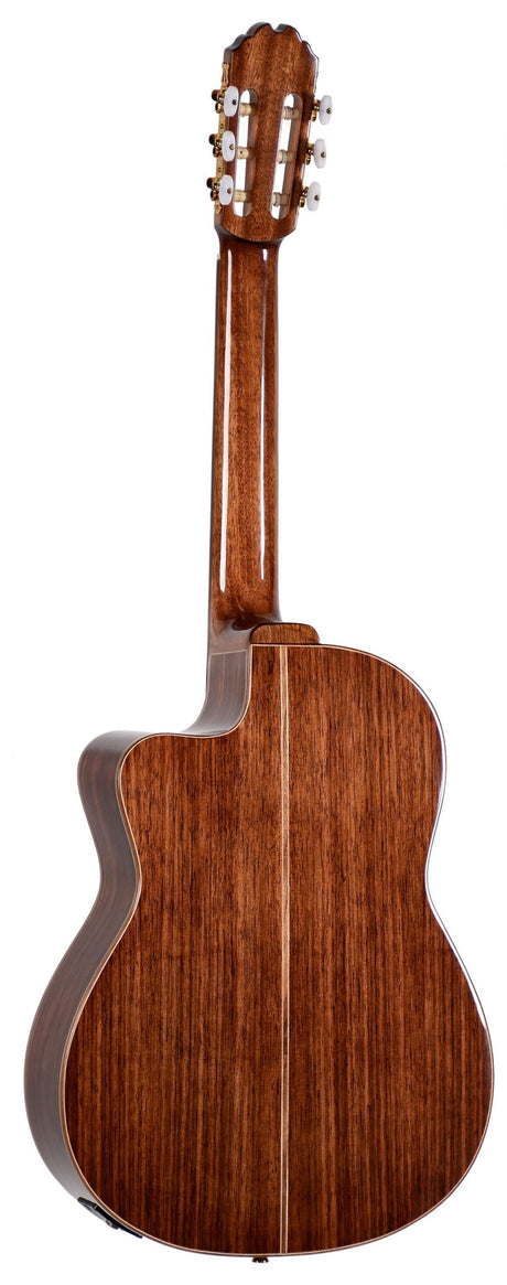 The image shows the back of a classical guitar with rich reddish-brown wood and light binding along the edges. It features a center back seam, a slotted headstock with six tuning machines that have cream-colored buttons and gold/brass hardware. The guitar has a cutaway body, a polished finish, and an electronic pickup system, indicating it is a high-quality acoustic-electric or professional nylon-string instrument.