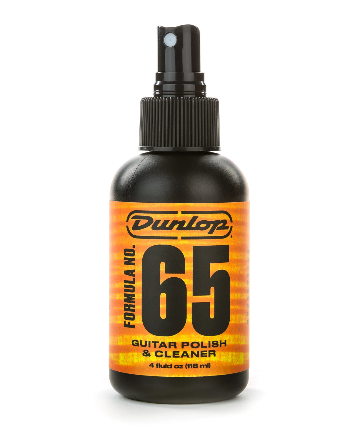 The image shows a 4 fl oz (118 ml) black spray bottle of Dunlop Formula No. 65 Guitar Polish & Cleaner. The label features an orange and yellow gradient with the Dunlop logo and "65." This popular guitar care product is used to clean and polish guitar finishes, removing fingerprints and dust while adding shine. Dunlop is a well-known brand for guitar accessories and maintenance products.
