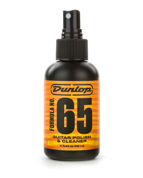 The image shows a 4 fl oz (118 ml) black spray bottle of Dunlop Formula No. 65 Guitar Polish & Cleaner. The label features an orange and yellow gradient with the Dunlop logo and "65." This popular guitar care product is used to clean and polish guitar finishes, removing fingerprints and dust while adding shine. Dunlop is a well-known brand for guitar accessories and maintenance products.